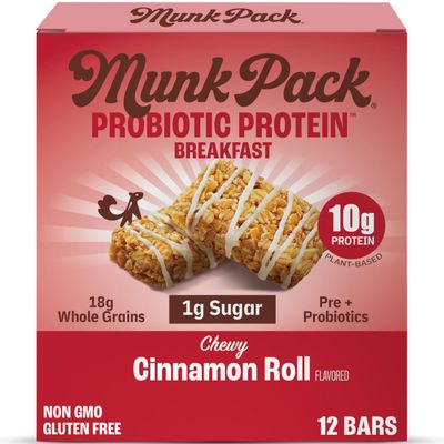 Munk Pack Probiotic Protein Breakfast Bars - 10g Plant Protein, 1g Sugar, 6g Fiber - For Adults &amp; Kids, Low Sugar Snack, Gluten-Free, Diabetic-Friendly, Non-GMO, Cinnamon Roll - 12 Pack