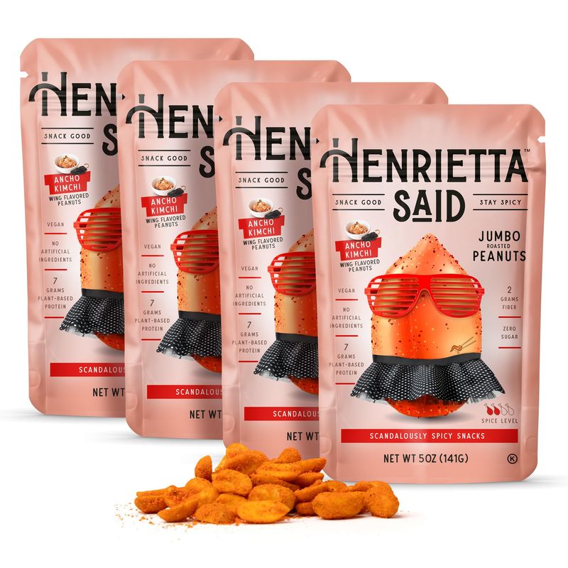 Henrietta Said Wing-Flavored Peanuts - Truly Good Foods Snacking Nuts - Bold Flavors - Savory &amp; Spicy - Jumbo Flavored Peanuts - Protein Packed Vegan Snack - 4 (5-oz) Packs - Ancho Kimchi