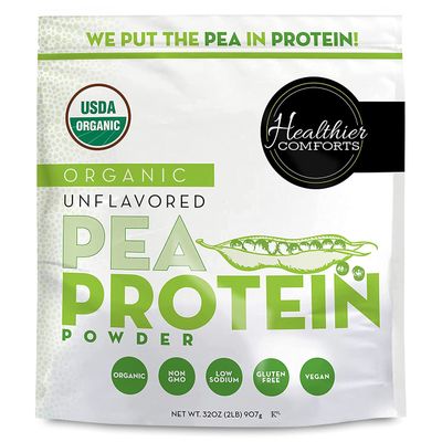 Healthier Comforts Pea Vegan Protein Powder w/Low Sodium  100% Plant Based Protein Powder  Kosher, Gluten Free, Non-GMO, Keto Friendly, Organic Protein Powder  Unflavored Protein Powder 32oz