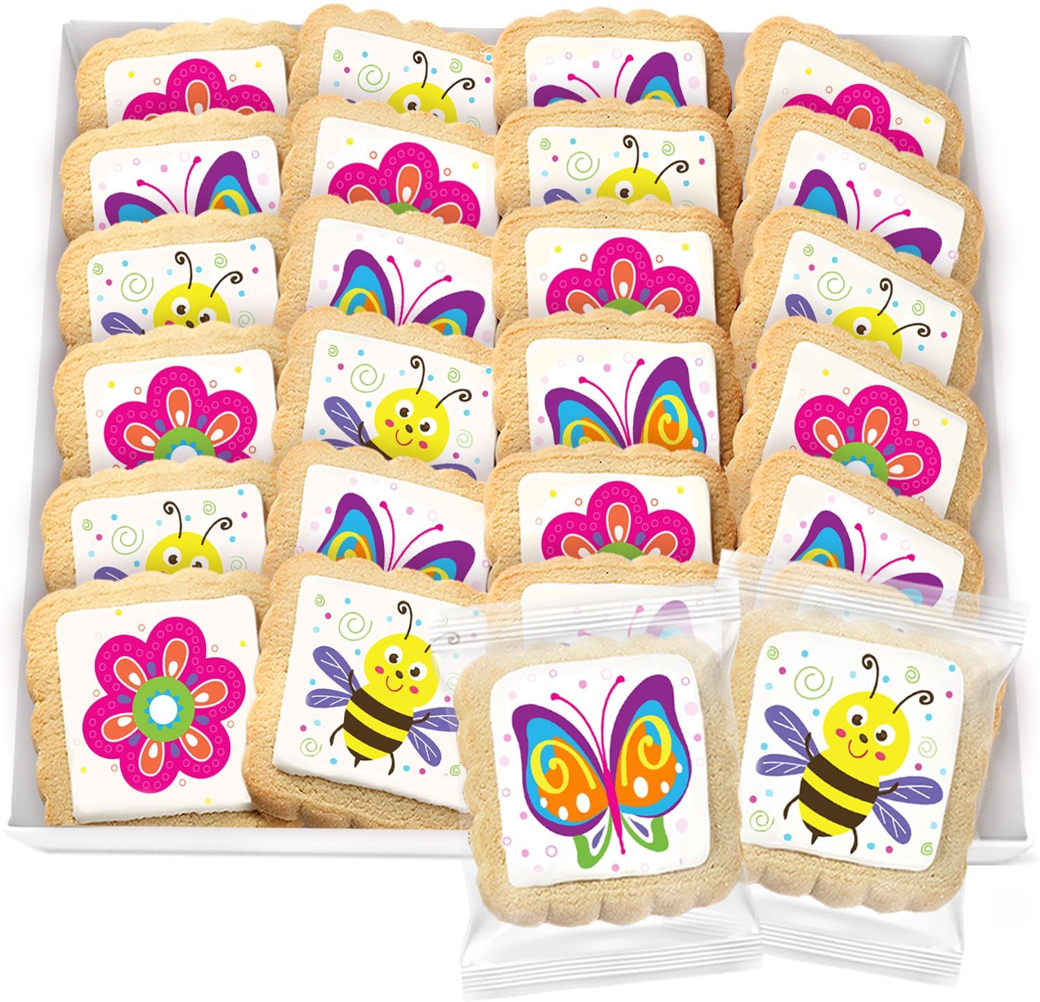 Spring Cookies 24 Pack Party Favors flower butterfly bee Critters Decorated  INDIVIDUALLY WRAPPED Sugar Cookies  Gift Basket Peanut &amp; Nut Free Bulk