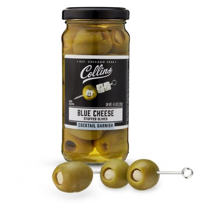 Collins Gourmet Blue Cheese Olives, Premium Stuffed-Cheese Garnish for Cocktails, Martinis, Bloody Marys, Snack Trays, Charcuterie, and Salads, Condiment Olives, 4.5 Oz