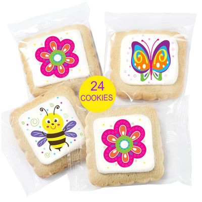 Spring Cookies 24 Pack Party Favors flower butterfly bee Critters Decorated INDIVIDUALLY WRAPPED Sugar Cookies Gift Basket Peanut & Nut Free Bulk