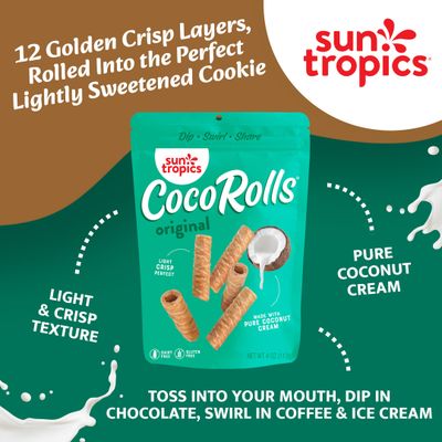 Sun Tropics CocoRolls Original Flavor- 6 count (4 oz each) Crisp Rolled Wafer Cookies, Coconut Rolls Made With Pure Coconut Cream Gluten Free & Dairy Free Coconut Wafer Snack