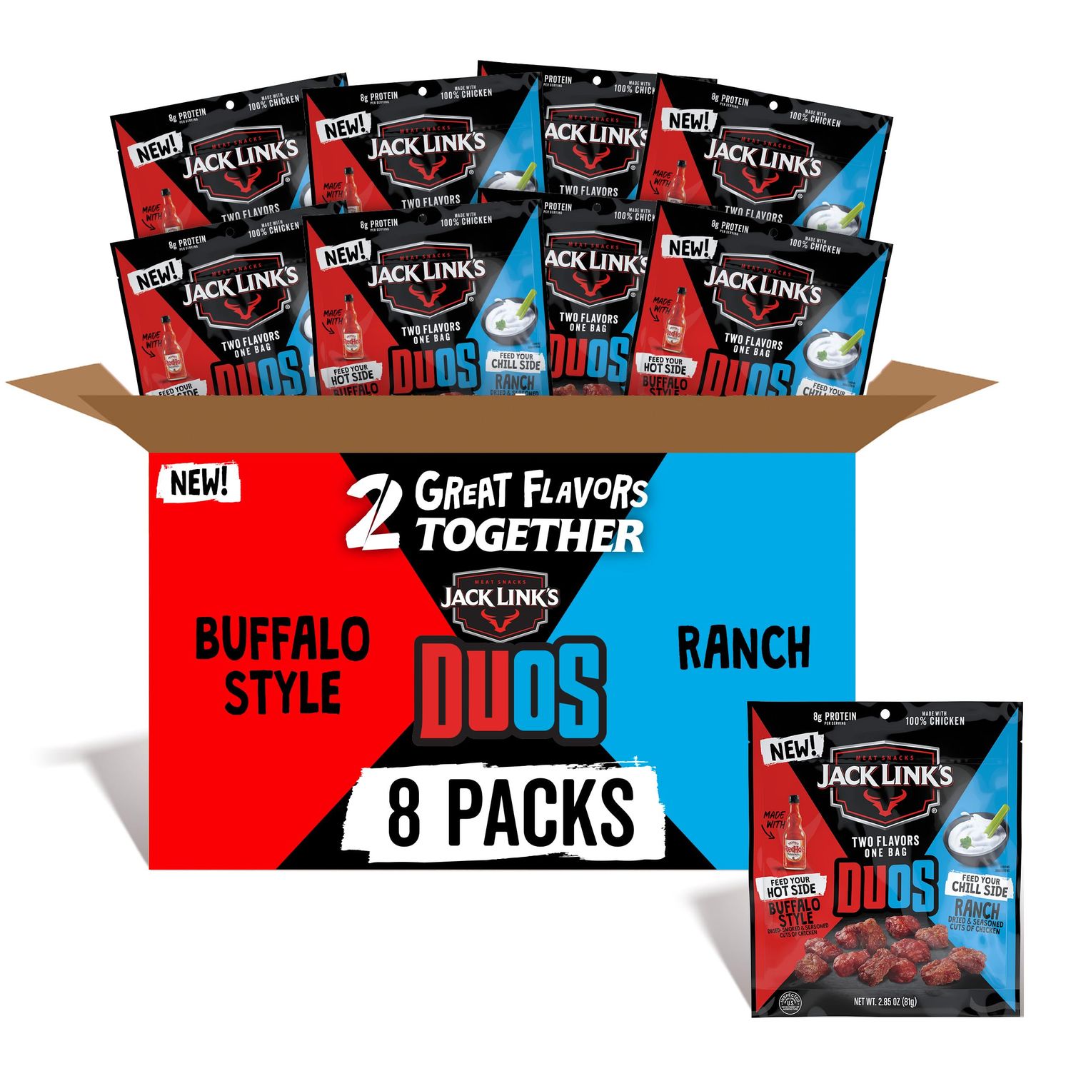 Jack Link&#39;s DUOs Frank&#39;s RedHot Buffalo Style With Creamy Ranch Flavor Chicken Bites, Shareable Under 100 Calories Snacks with 8g of Protein, Bulk Pack of Individual Meat Snack Bags - 2.85oz (8 Count)