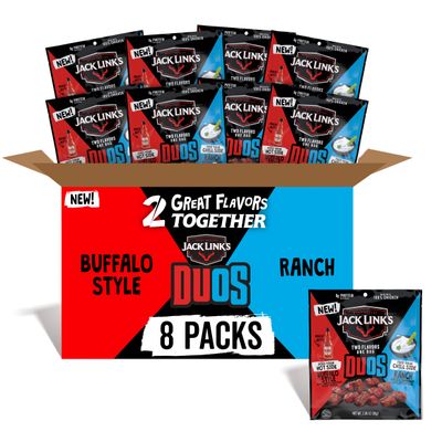Jack Link&#39;s DUOs Frank&#39;s RedHot Buffalo Style With Creamy Ranch Flavor Chicken Bites, Shareable Under 100 Calories Snacks with 8g of Protein, Bulk Pack of Individual Meat Snack Bags - 2.85oz (8 Count)