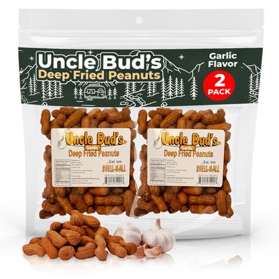 Uncle Bud&#39;s Deep Fried Peanuts In Shell (2-Pack)  Crunchy Garlic Peanuts, Hot and Spicy Peanuts, Healthy Flavored Peanuts, Garlic Snacks, Organic Peanuts, Salted Peanuts in the Shell, Peanut Packs