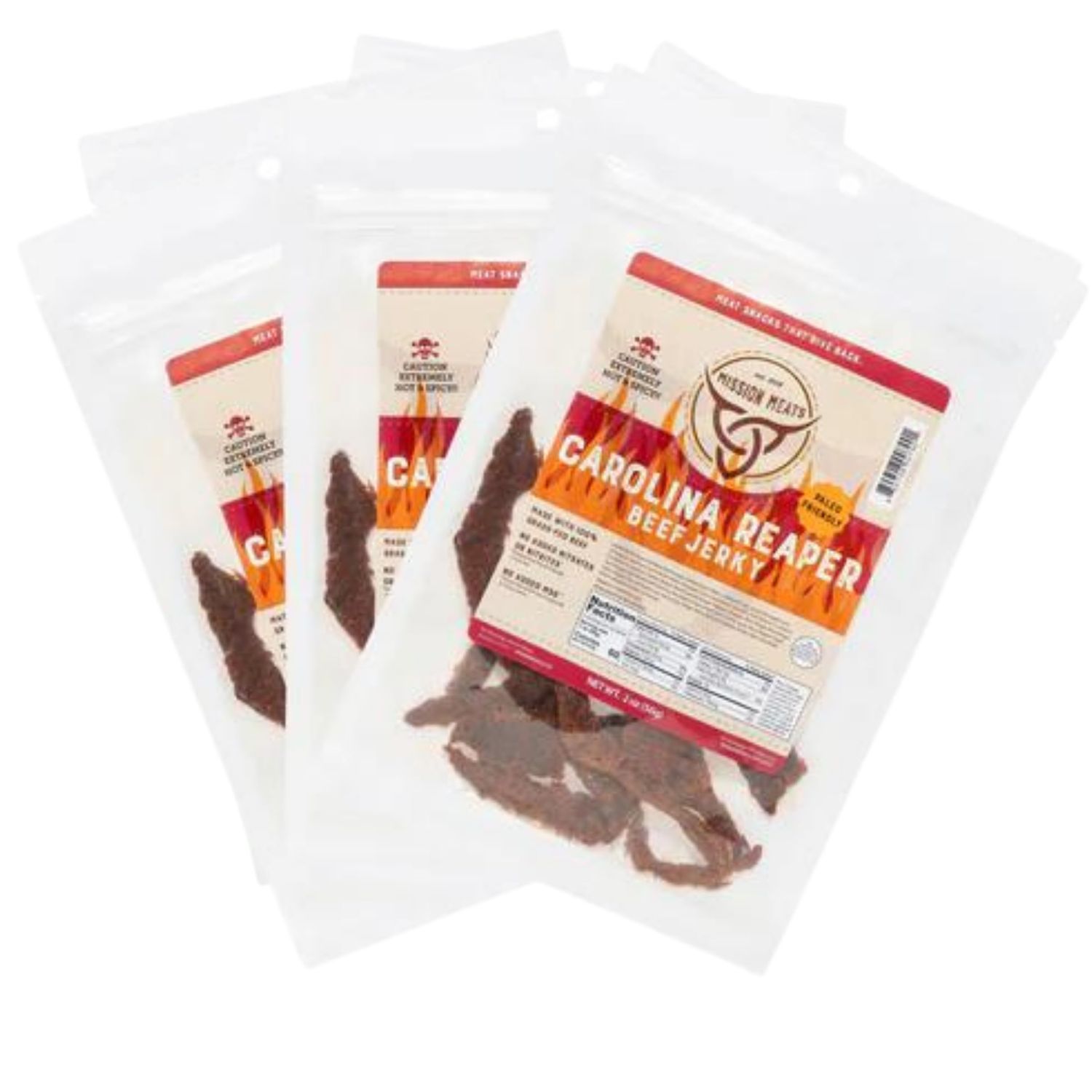 Mission Meats Carolina Reaper Jerky from 100% Grass Fed &amp; Pasture Raised Beef, Caution: Extremely Spicy, Small Batch Hand Crafted, Gluten Free, 2oz (Pack of 6)
