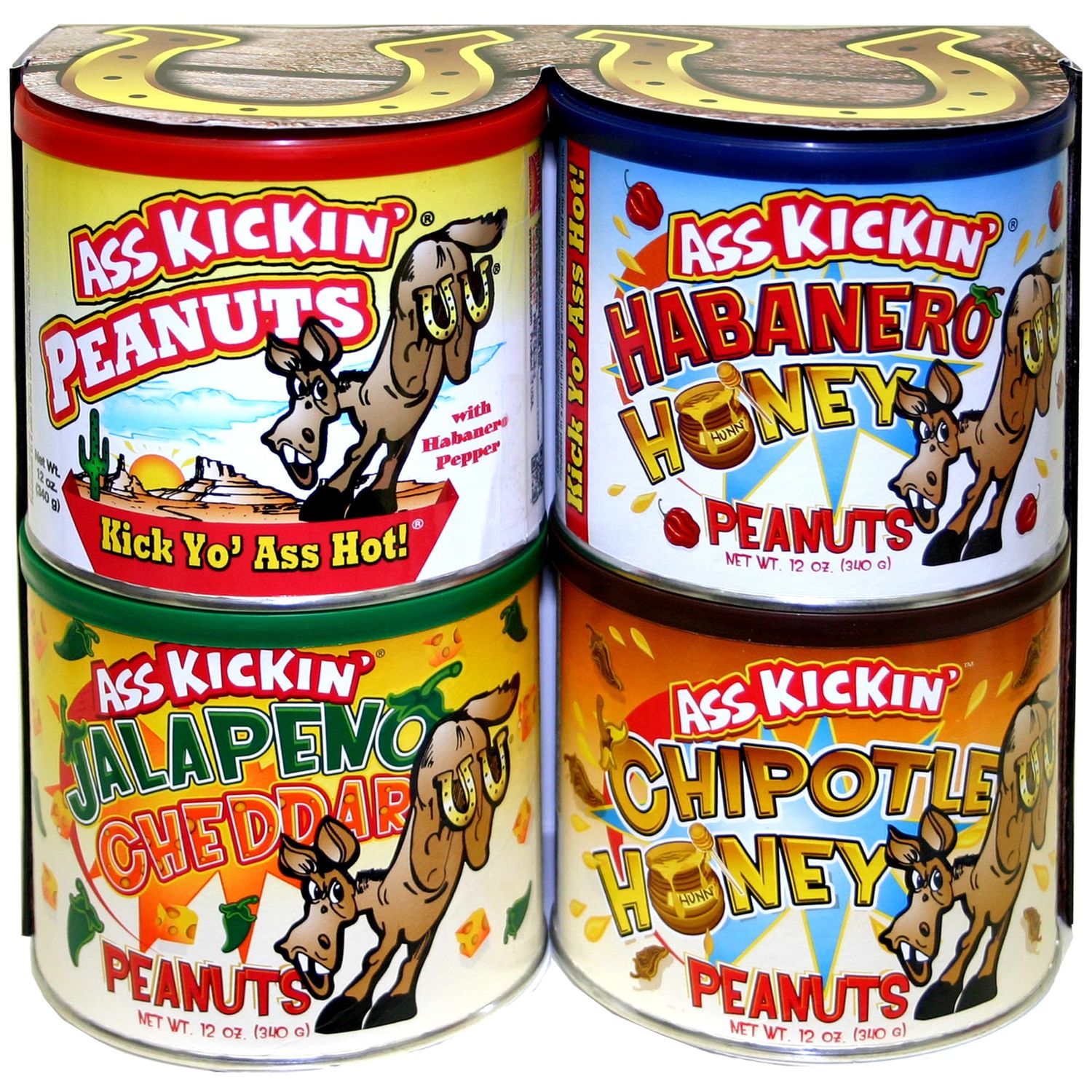 ASS KICKIN&#39; Crunchy Spicy Hot Peanuts: Pepper Peanuts, Jalapeno Peanuts, Habanero Honey Peanuts, and Jalapeno Peanuts, Gift Set.