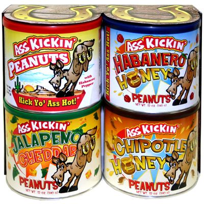 ASS KICKIN&#39; Crunchy Spicy Hot Peanuts: Pepper Peanuts, Jalapeno Peanuts, Habanero Honey Peanuts, and Jalapeno Peanuts, Gift Set.