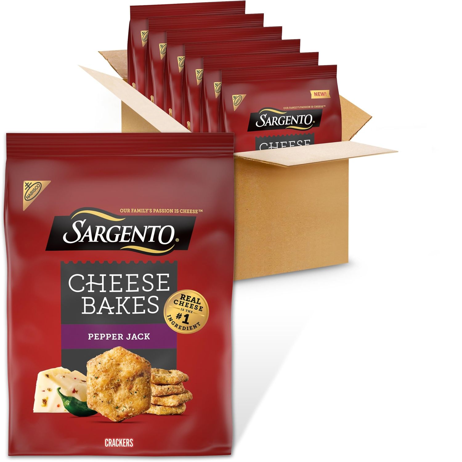 Sargento Cheese Bakes Pepper Jack Crackers, Cheese Crackers, Lunch Snacks, Bulk Snacks, 6-4.5 oz Bags