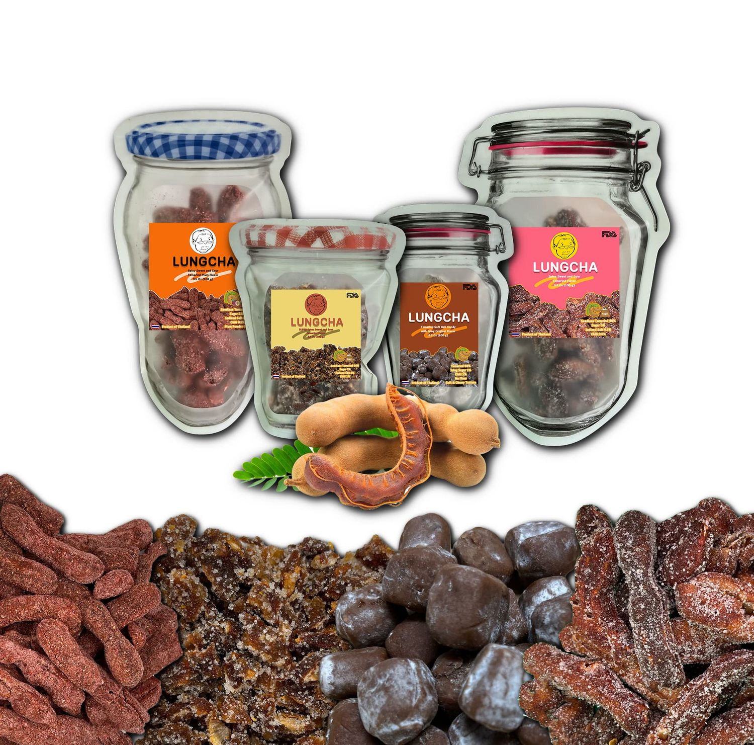 LUNGCHA Seedless Real Dried Tamarind from Thailand SET OF 4 PACKS Variety Mixed Favors of Candy &amp; Snacks Spicy, Sweet, Sour, and Plum Savory Taste.