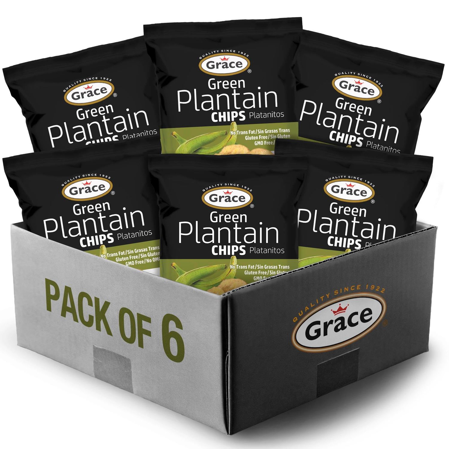 Grace Green Plantain Chips 2.5oz - 6 Pack - Jamaican Gluten Free Banana Chips - Platanitos - Non-GMO &amp; No Trans Fat