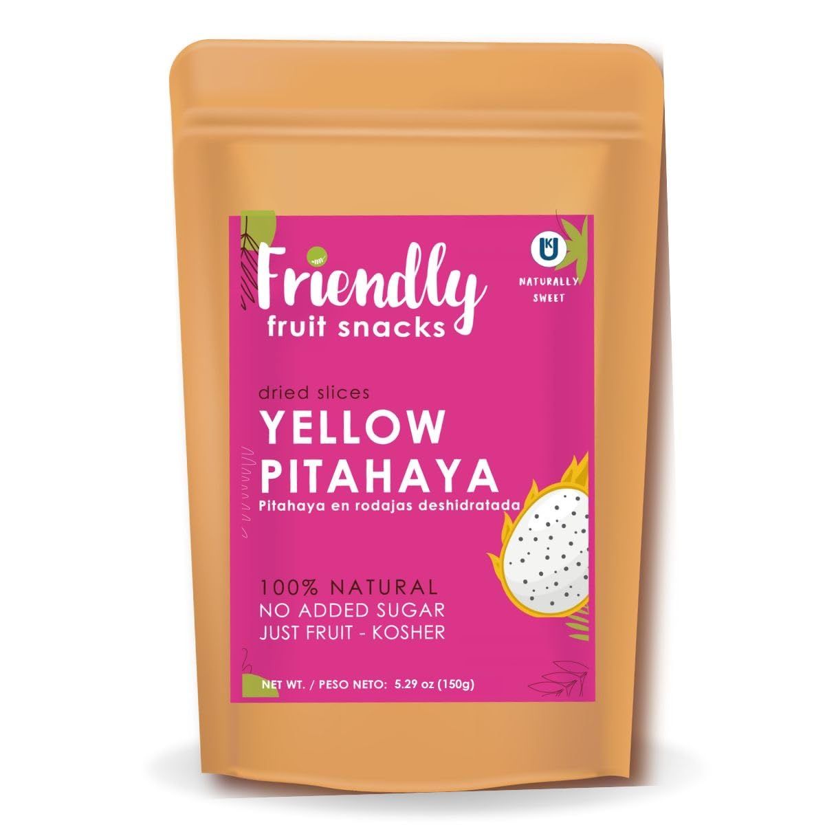 Friendly  Healthy Dried Dragon Fruit - Yellow Pitahaya  5.29 Ounces  Natural Dried Dragon Fruit, Healthy Snack, Non- GMO, Vegan, No Added Sugar, No Preservatives, Kosher, Gluten Free.
