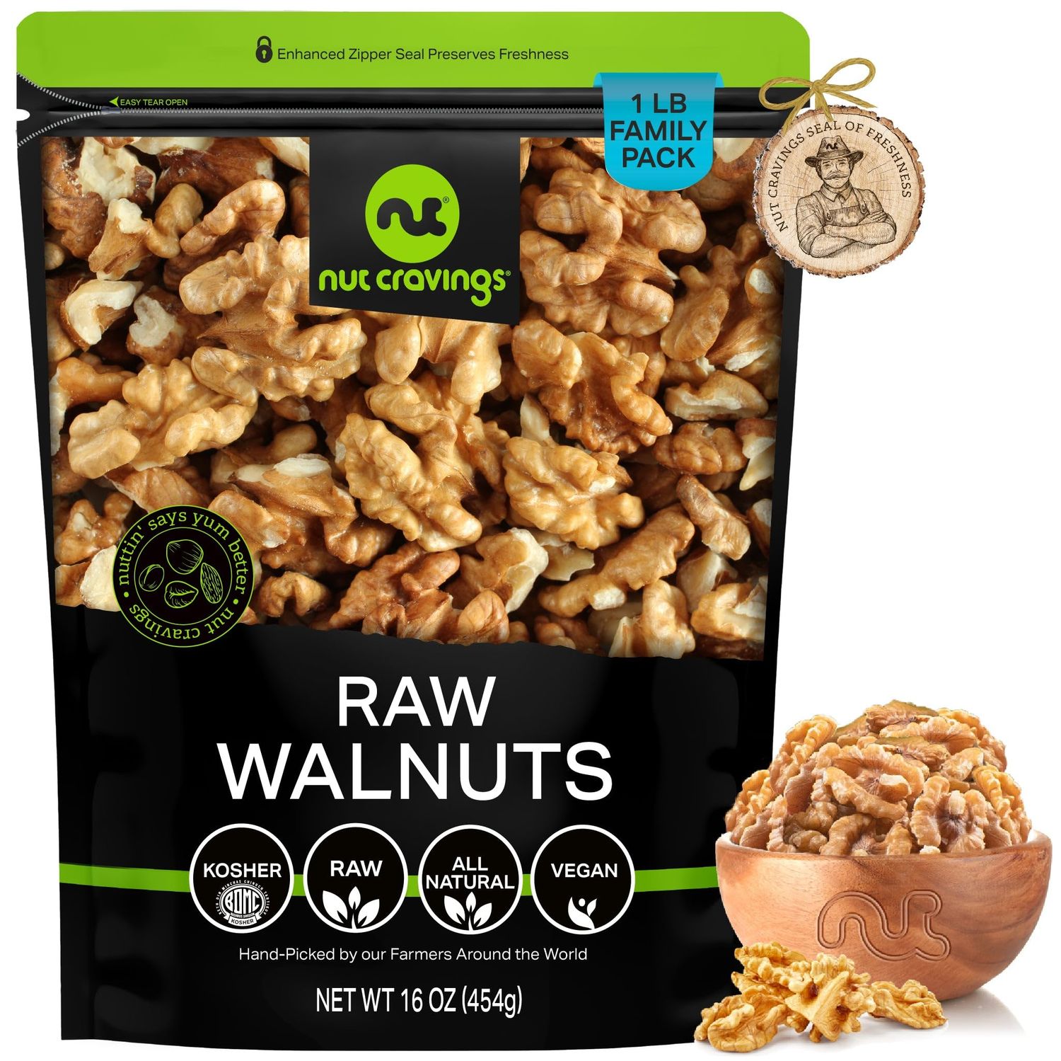 NUT CRAVINGS - Raw Walnuts Halves &amp; Pieces, Unsalted, Shelled, (16oz - 1 LB) Bulk Nuts Packed Fresh in Resealable Bag - Kosher Healthy Snack, Natural Keto Vegan - Ideal for Trail Mixed Nuts