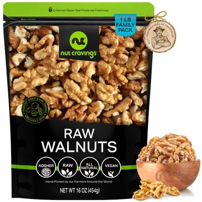 NUT CRAVINGS - Raw Walnuts Halves &amp; Pieces, Unsalted, Shelled, (16oz - 1 LB) Bulk Nuts Packed Fresh in Resealable Bag - Kosher Healthy Snack, Natural Keto Vegan - Ideal for Trail Mixed Nuts
