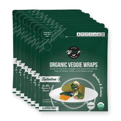 WrawP Organic Mini Veggie Wraps - SPIRULINA (8 pack) Bulk SHELF STABLE, All Natural, Gluten Free, Paleo, Raw Vegan. Perfect for Wraps, flat bread, snack, chips
