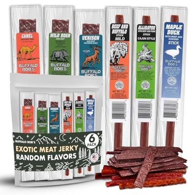 Buffalo Bob&#39;s Wild Game Meat Snacks (6 Pack), Beef Variety Pack, Gift Baskets for Fathers/Dad, Exotic Random Jerky Sampler Set, Mens Hunting Stocking Stuffers, Jerky Gift Set
