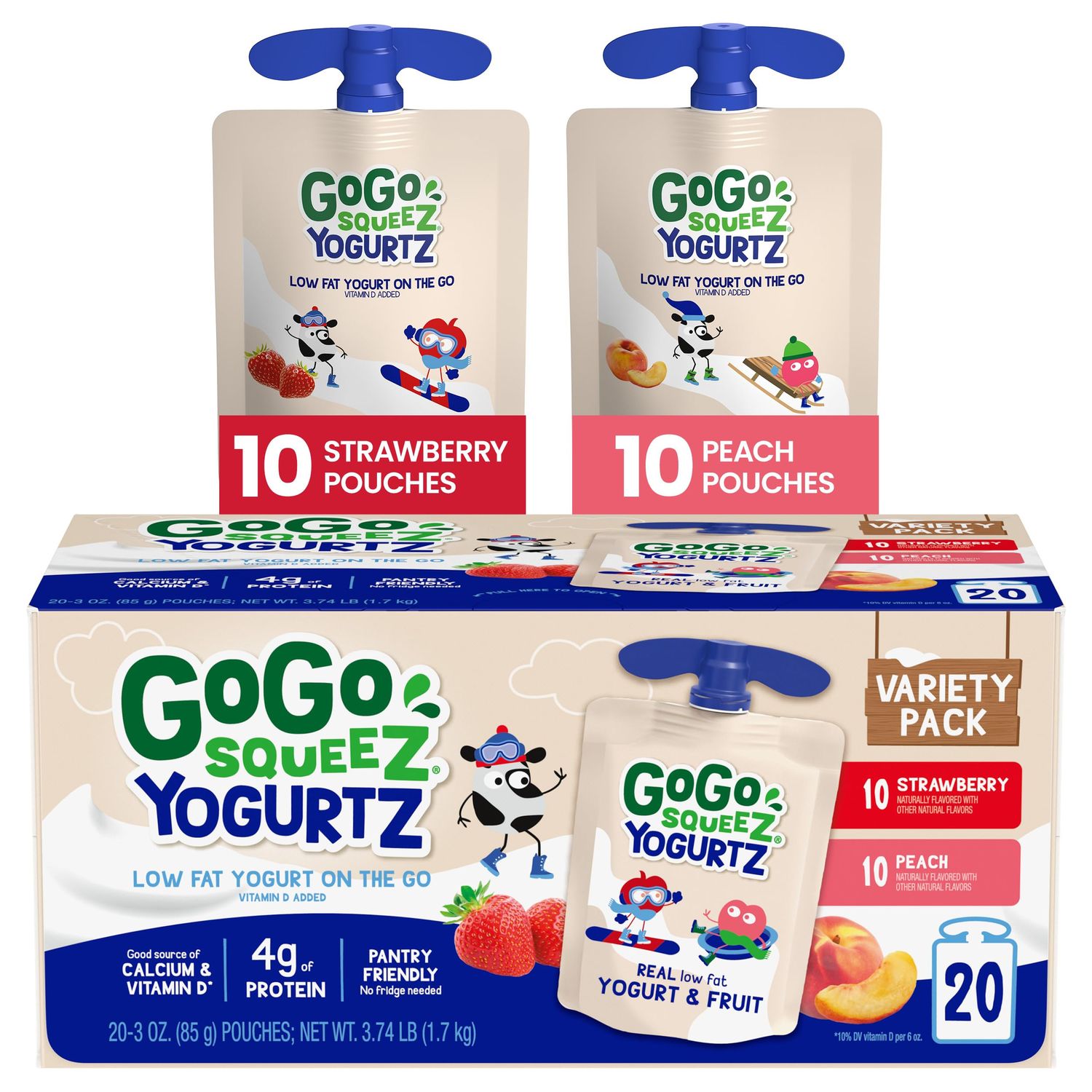 GoGo squeeZ YogurtZ Variety Pack, Strawberry &amp; Peach, 3 oz (Pack of 20), Kids Snacks Made with Real Yogurt and Fruit, No Fridge Needed, Gluten Free, Nut Free, Recloseable Cap, BPA Free Pouches