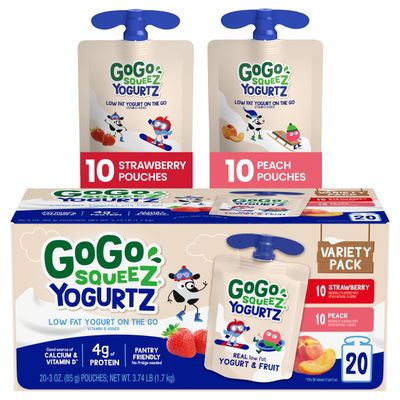 GoGo squeeZ YogurtZ Variety Pack, Strawberry &amp; Peach, 3 oz (Pack of 20), Kids Snacks Made with Real Yogurt and Fruit, No Fridge Needed, Gluten Free, Nut Free, Recloseable Cap, BPA Free Pouches