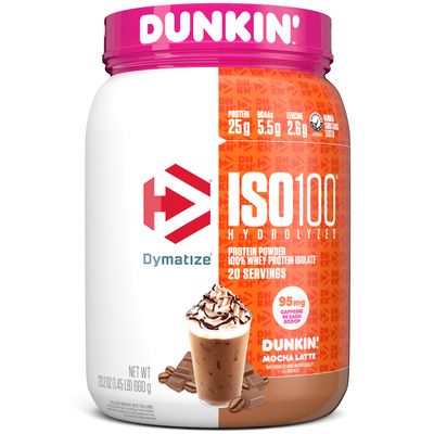 Dymatize x Dunkin&#39; Mocha Latte ISO100 Whey Protein Powder, 95mg Caffeine, 25g of Protein, 20 Servings, 5.5g BCAAs, 120 Cal., Gluten Free, 1g Fat, 1g Sugar, 3g Carb