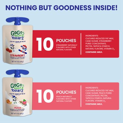 GoGo squeeZ YogurtZ Variety Pack, Strawberry &amp; Peach, 3 oz (Pack of 20), Kids Snacks Made with Real Yogurt and Fruit, No Fridge Needed, Gluten Free, Nut Free, Recloseable Cap, BPA Free Pouches