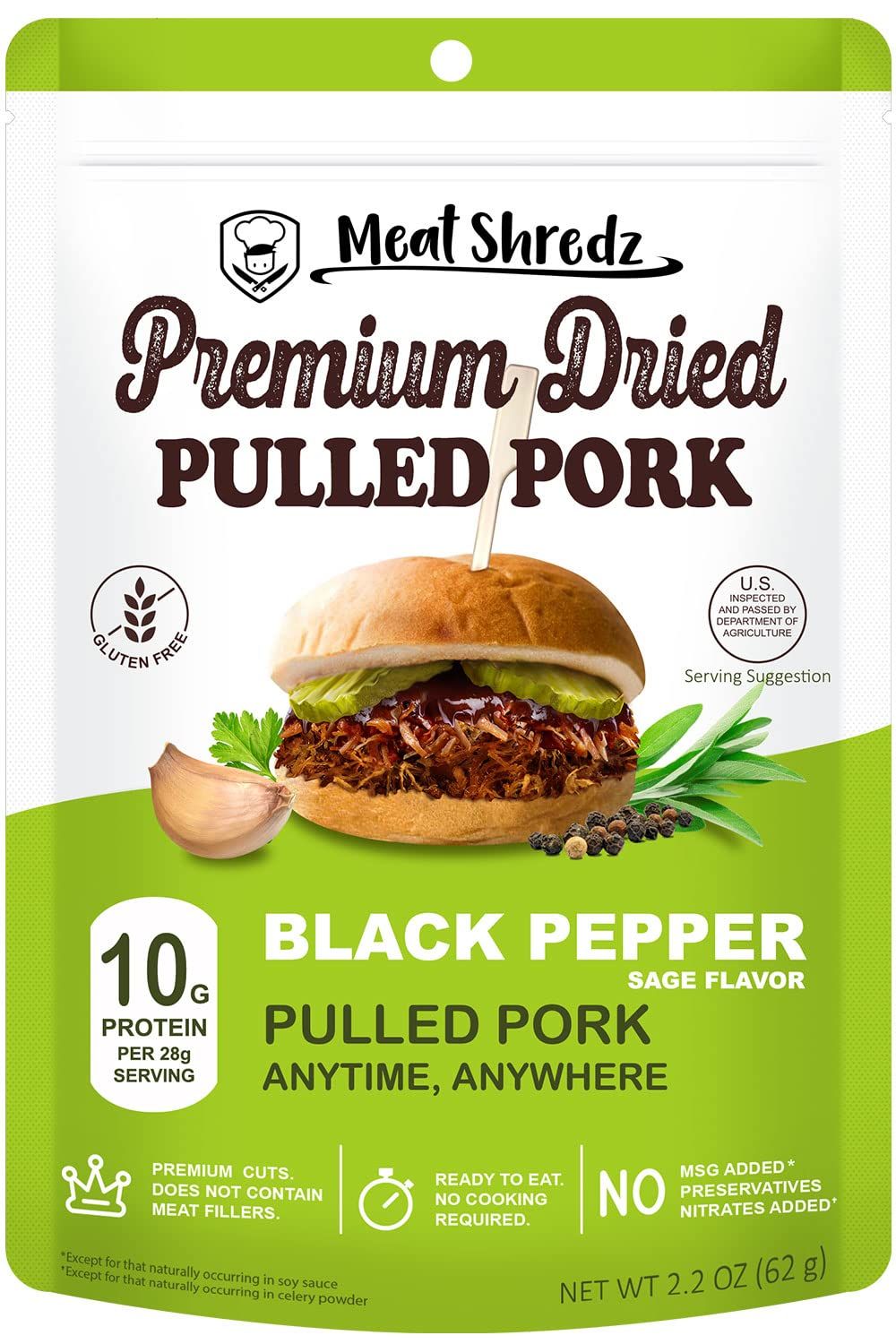 Meat Shredz - Premium Dried Pulled Pork (Black Pepper Sage, 1 Pack)  Gluten Free  High Protein &amp; Low Sugar  Bacon Bits  Dehydrated Backpacking &amp; Camping Food  Shredded, Dried Jerky Chew Snack