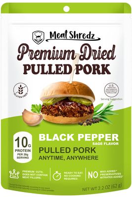 Meat Shredz - Premium Dried Pulled Pork (Black Pepper Sage, 1 Pack)  Gluten Free  High Protein &amp; Low Sugar  Bacon Bits  Dehydrated Backpacking &amp; Camping Food  Shredded, Dried Jerky Chew Snack
