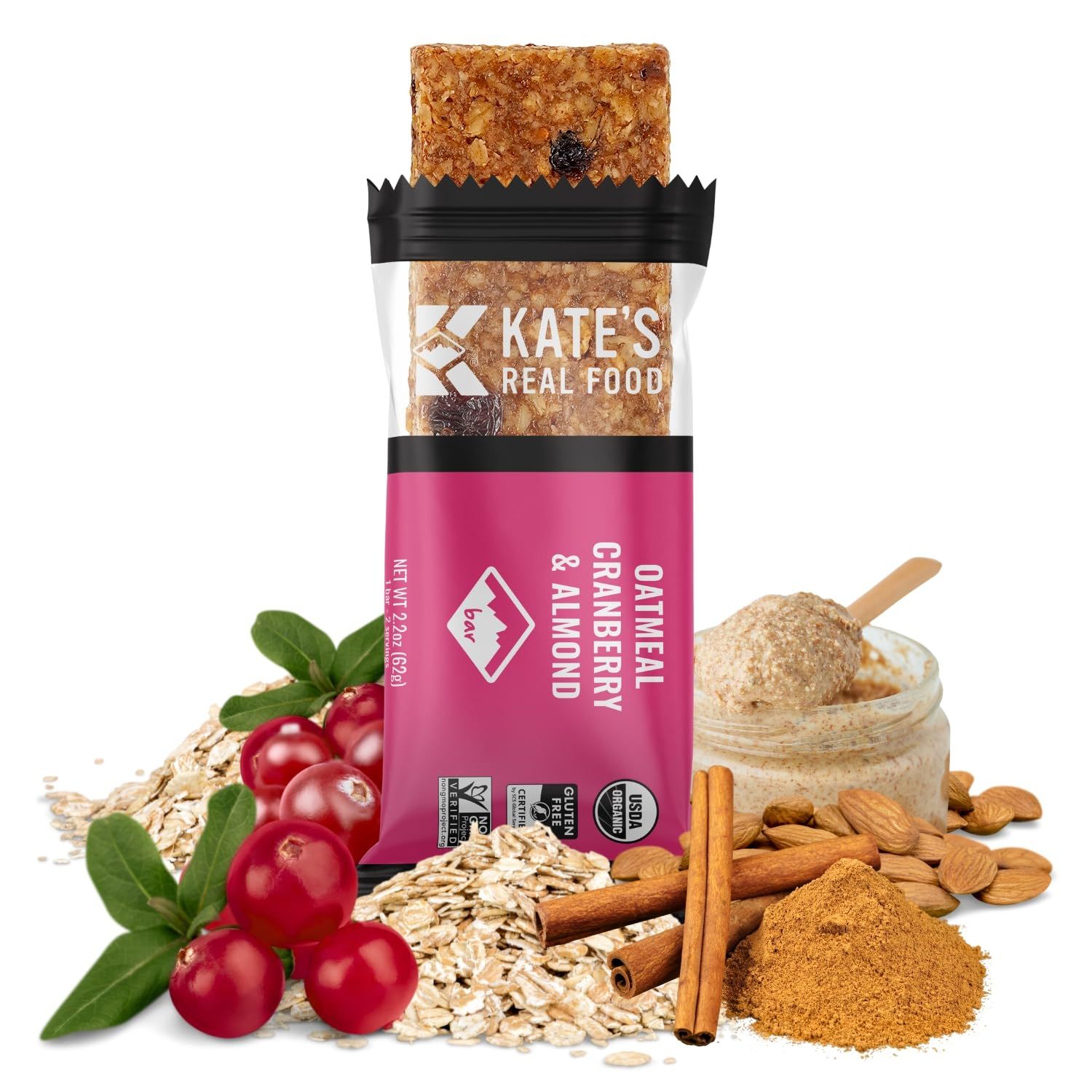 Kates Real Food Organic Energy Bars, Non-GMO, All-Natural Ingredients, Gluten-Free and Soy-Free Healthy Snack with Natural Flavors, Oatmeal Cranberry &amp; Almond (Pack of 12)