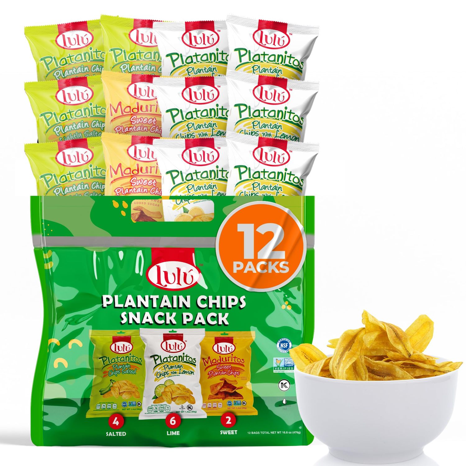 LULU Plantain Chips Individual Bags (12 Count)  Variety Pack Lightly Salted Plantain Strips, Platanitos Chips, 6 Lemon, 4 Salted, 2 Sweet