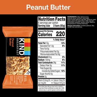 KIND Breakfast Bars, KIND Snack Bars, Peanut Butter, Gluten Free Breakfast Bars, 100% Whole Grains, 1.76 OZ Packs, 6 Count