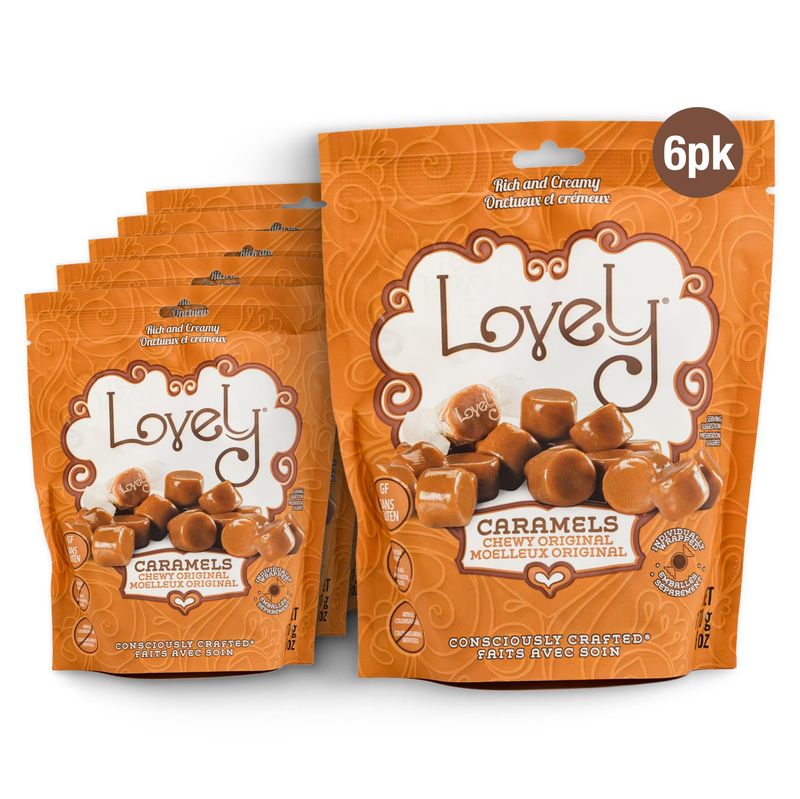 Lovely Candy Co. Soft and Chewy Original Caramels, Individually Wrapped, 6oz (6-Pack), Gluten-Free, Non-GMO, NO High Fructose Corn Syrup, NO Artificial Colors or Flavors