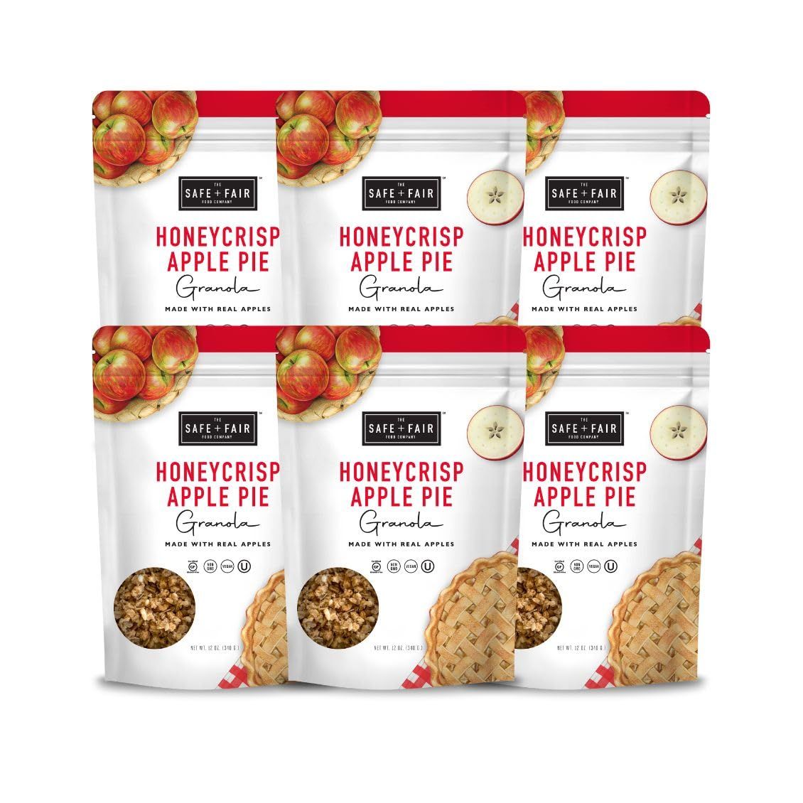 Safe  Fair Honeycrisp Apple Pie Granola - Gluten-Free, Vegan &amp; Plant-Based Snack with Real Honeycrisp Apples, Whole Grains, Non-GMO, Kosher, No Preservatives - 12oz, 6 Pack