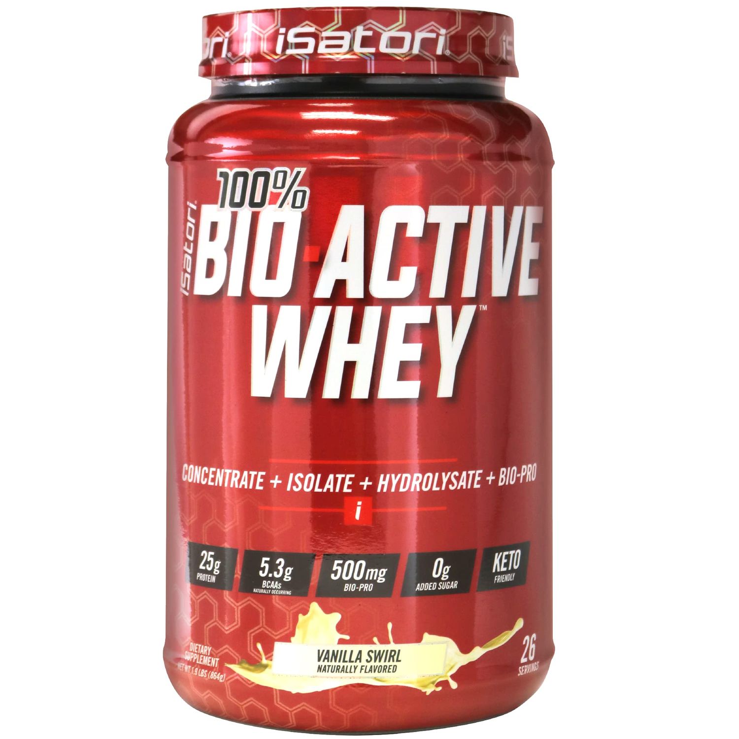 iSatori 100% Bio-Active Whey Protein Powder, Muscle Growth &amp; Recovery with Whey Isolate, Hydrolysate, Concentrate, BCAAs &amp; Colostrum Peptides, 25g of Protein Per Serving - Vanilla Swirl (26 Servings)
