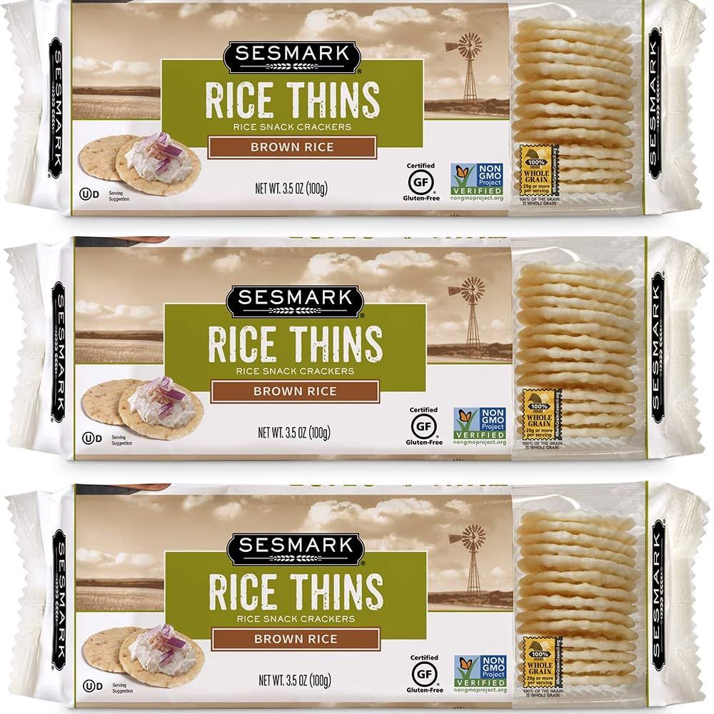 SESMARK Brown Rice Thins - Gluten Free, Non-GMO, Whole Grain Certified, Kosher - Wholesome and Flavorful Crackers - 3.5oz (Pack of 3)