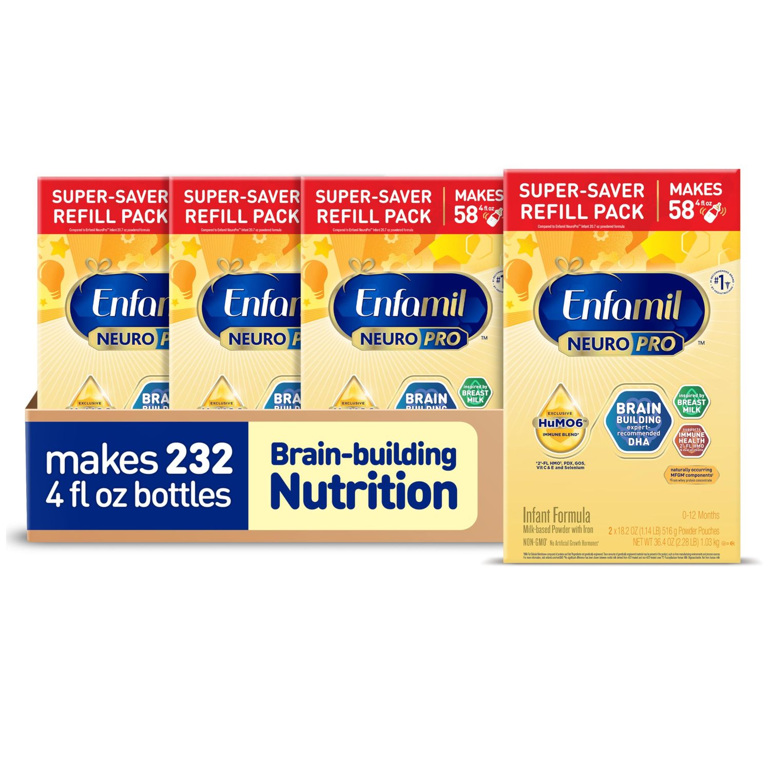 Enfamil NeuroPro Baby Formula, MFGM 5-Year Benefit, Expert-Recommended Brain-Building Omega-3 DHA, Exclusive Immune Supporting HuMO6 Blend, Infant Formula Powder, Baby Milk, 36.4 Oz (Pack of 4)