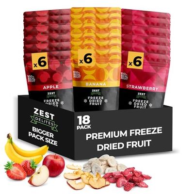 Zest Delites Freeze Dried Fruit Bulk Pack (9.54 Oz), Freeze Dried Strawberries, Bananas, Apple Chips, Healthy Dehydrated Fruit Crisps Variety Pack, No Sugar Added, No Additives, 0.53 Oz x 18 Packs