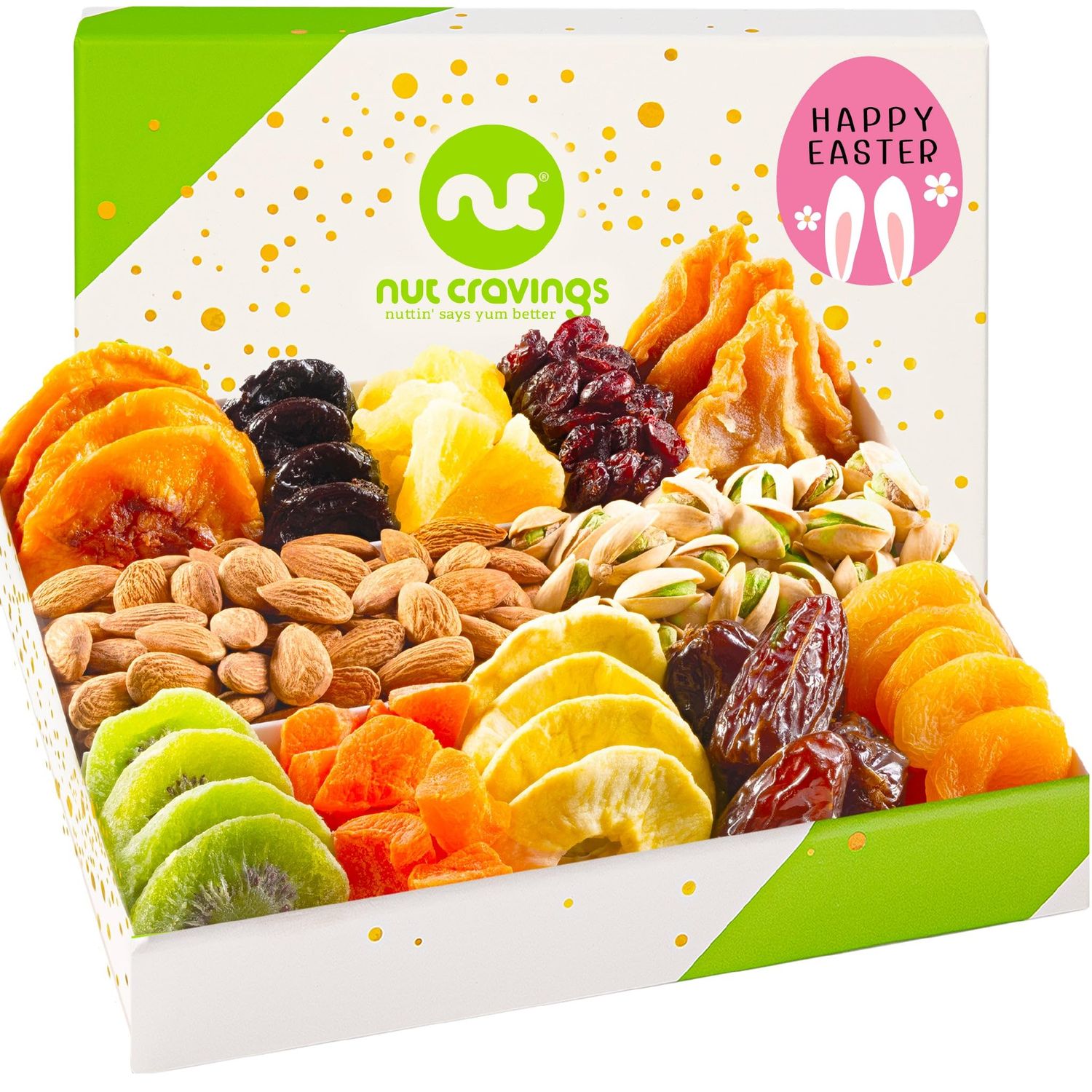 NUT CRAVINGS Gourmet Collection - Easter Treats, Dried Fruit &amp; Mixed Nuts Gift Basket in White Gold Box (12 Assortments) Arrangement Platter Bday Care Package, Healthy Kosher