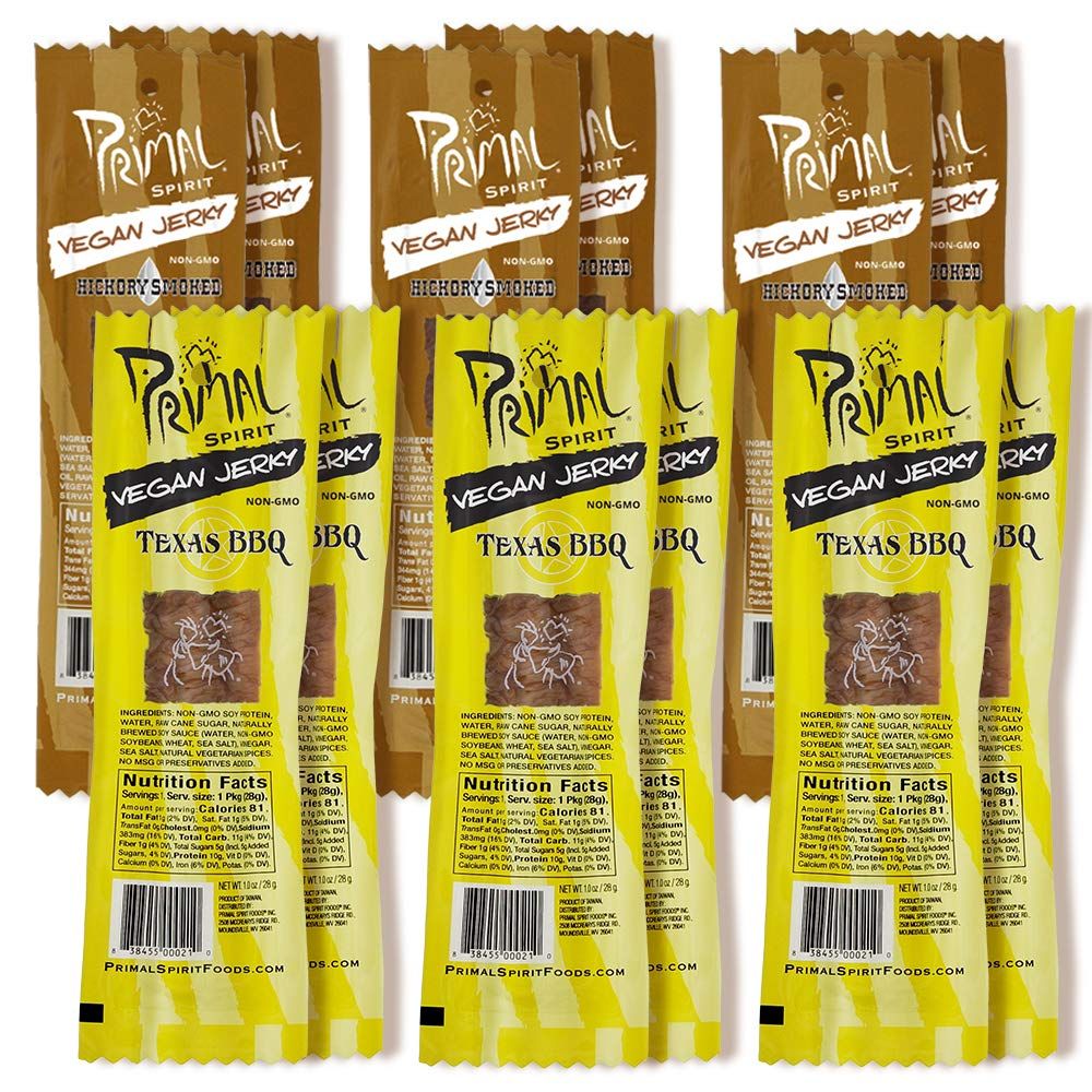 Primal Spirit Vegan Jerky - Soy Protein Energy Pack, 10 g. Plant Based Protein, Certified Non-GMO, No Preservatives, Sports Friendly Packaging The Classics Hickory Smoked and Texas BBQ (12-Pack, 1 oz)