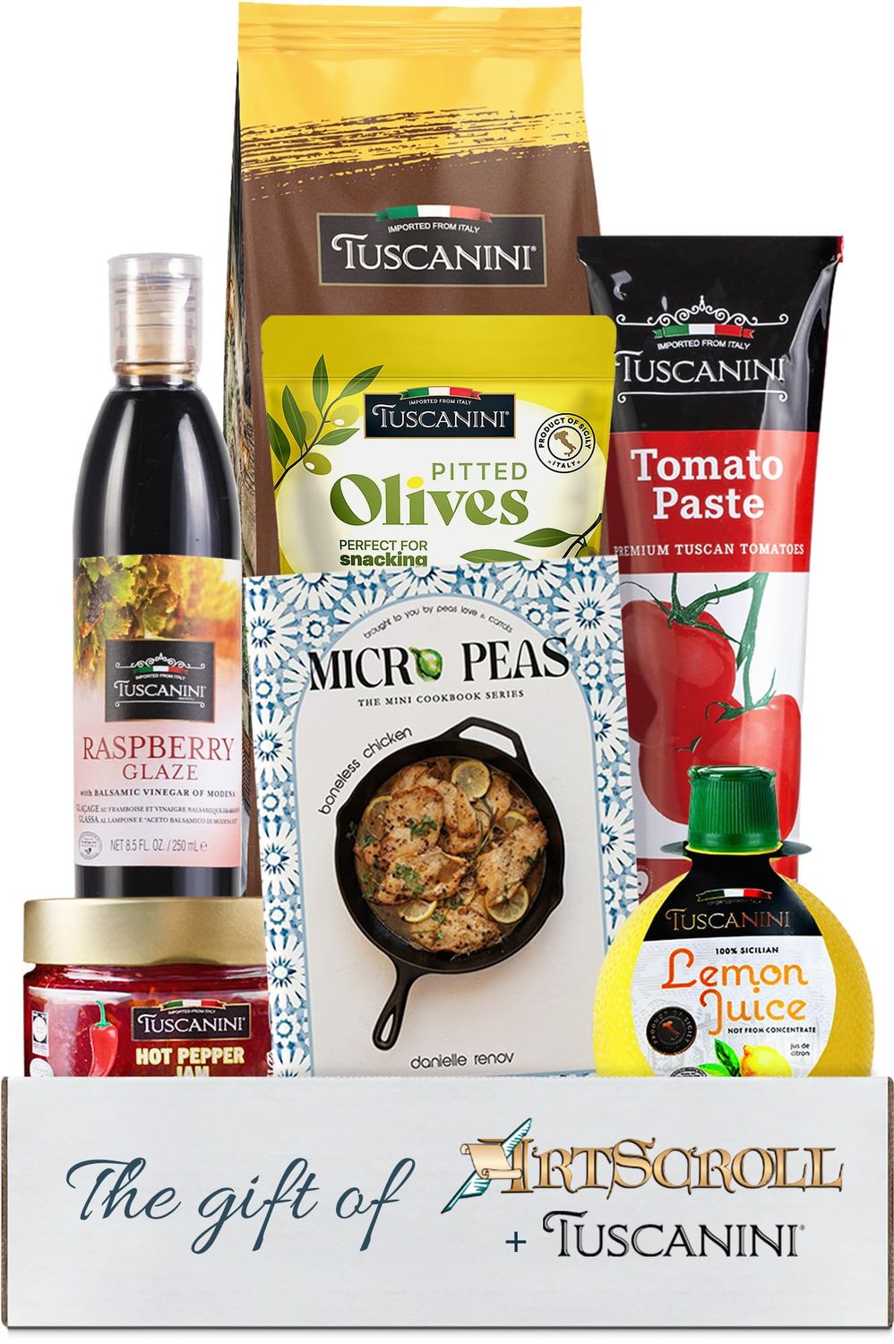 Purim Shalach Manos Gift Basket, Elegant Mishloach Manot Gift Box, Kosher Gift Basket, MicroPeas Cookbook, Tuscanini Snack Olives, Balsamic Glaze, Tomato Paste &amp; more!