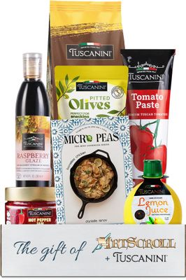 Purim Shalach Manos Gift Basket, Elegant Mishloach Manot Gift Box, Kosher Gift Basket, MicroPeas Cookbook, Tuscanini Snack Olives, Balsamic Glaze, Tomato Paste &amp; more!