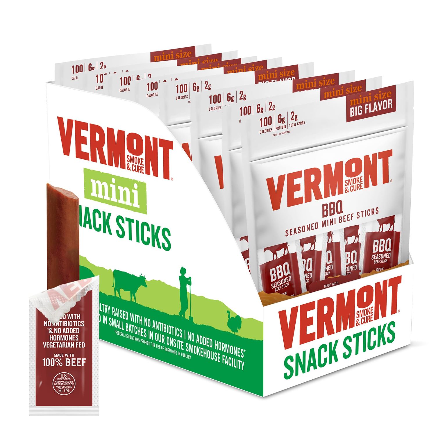 Snack Sticks by Vermont Smoke &amp; Cure - BBQ Seasoned - Beef - Healthy Meat Protein - .5 ounce - 3oz Pouch - Pack of 8