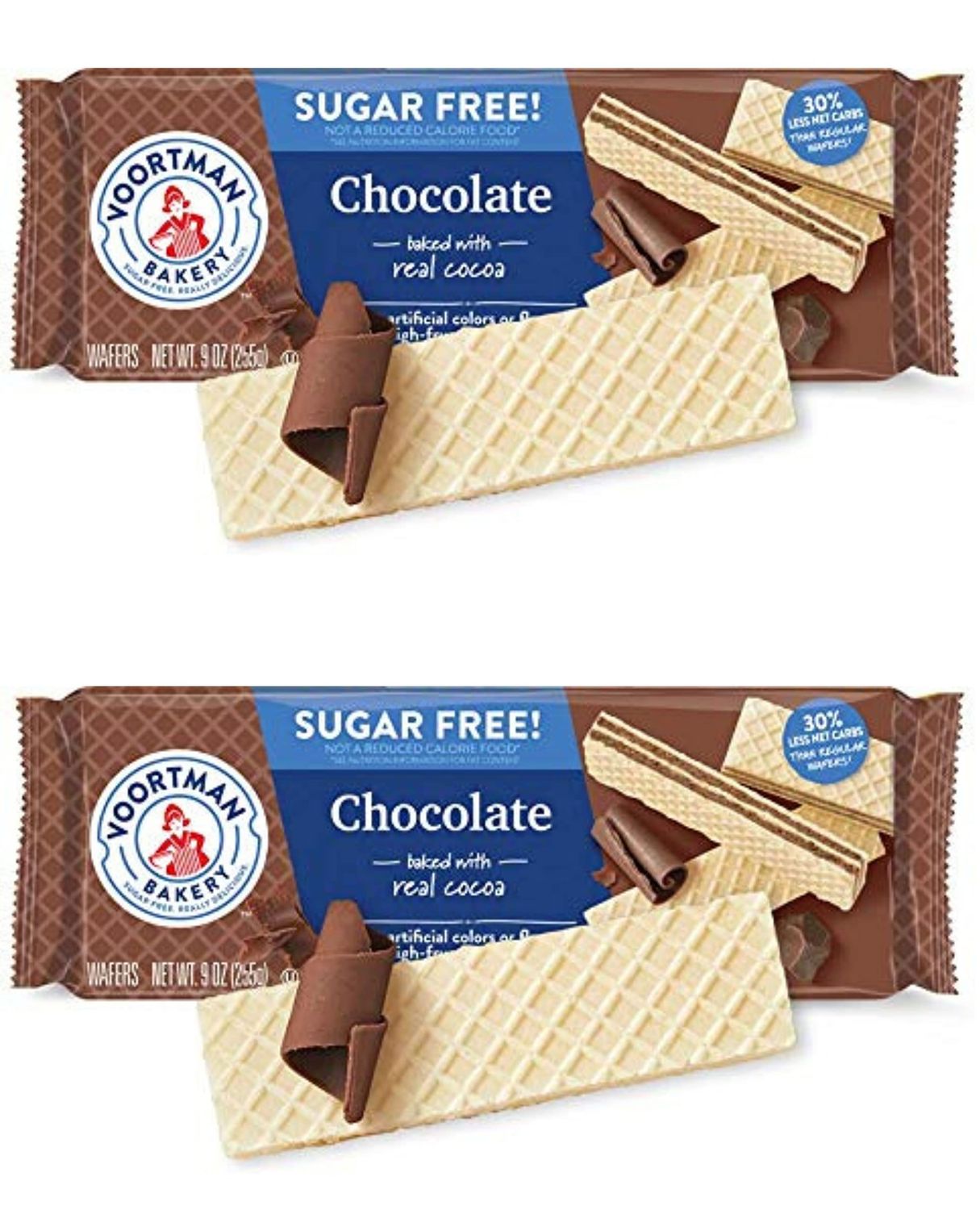 Voortman Bakery 1 in U.S. Sugar Free Chocolate Wafers (Pack of 2 x 9 Oz) Wafer Cookies Made with Real Cocoa, No Artificial Colors, Flavors or High-Fructose Corn Syrup