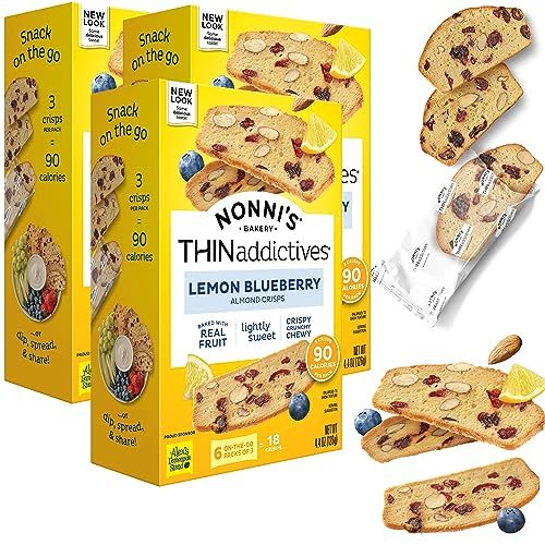 Nonni&#39;s THINaddictives Almond Thin Cookies - 3 Boxes Lemon Blueberry Cookie Thins - Almond Cookies - Sweet Crunchy &amp; Chewy - Biscotti Individually Wrapped Cookies - Kosher Coffee Cookies - 4.4 oz