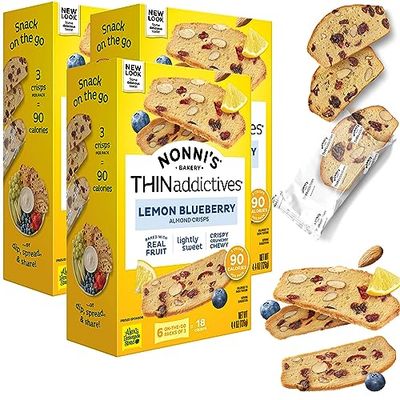 Nonni&#39;s THINaddictives Almond Thin Cookies - 3 Boxes Lemon Blueberry Cookie Thins - Almond Cookies - Sweet Crunchy &amp; Chewy - Biscotti Individually Wrapped Cookies - Kosher Coffee Cookies - 4.4 oz