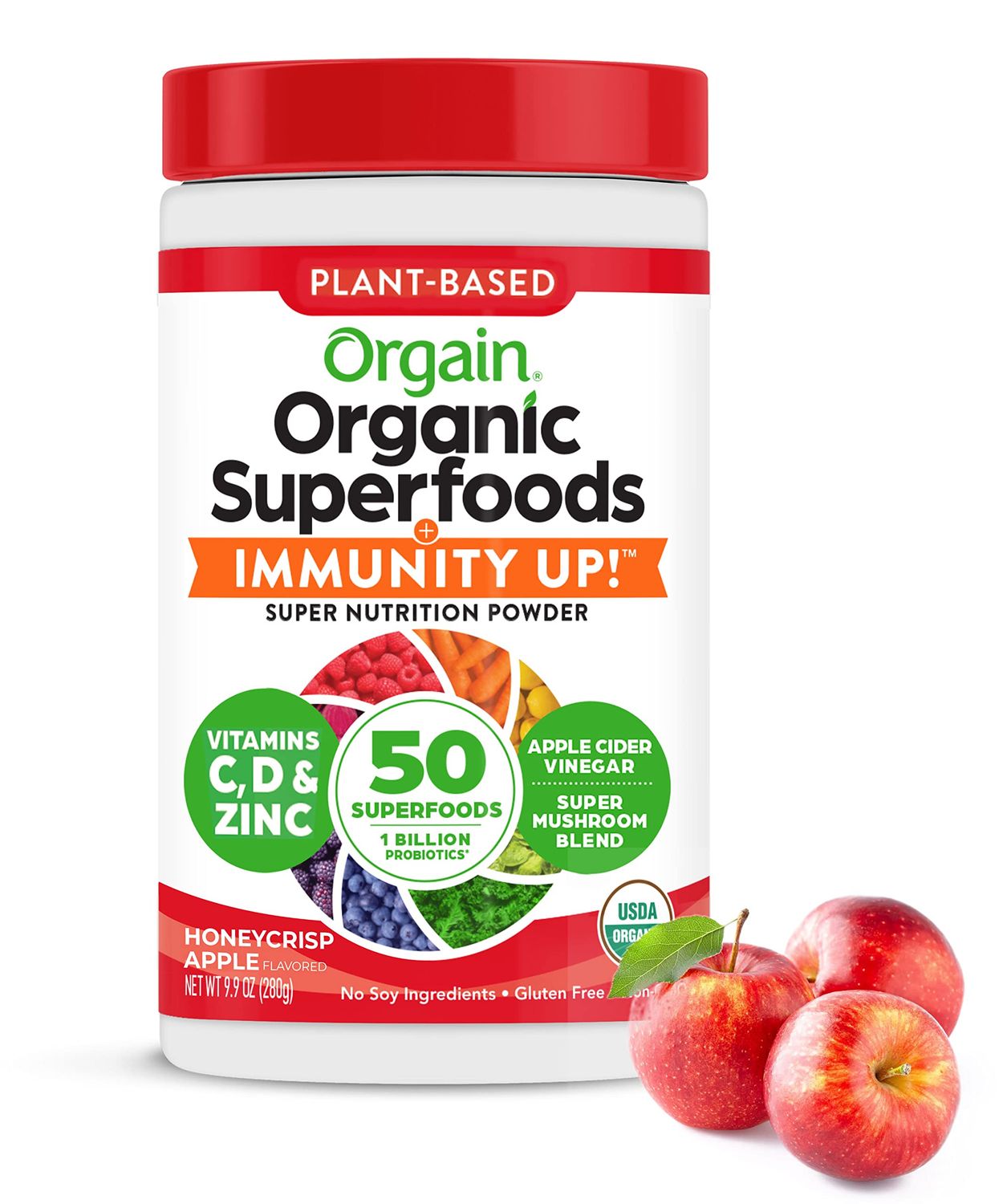 Orgain Organic Greens  50 Superfoods Immunity Up! Powder, Honeycrisp Apple - Immune Support, Probiotics, Vitamin C, D &amp; Zinc, Apple Cider Vinegar, Ashwagandha, Cordyceps &amp; Reishi Mushrooms - 0.62lb