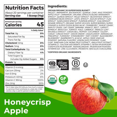 Orgain Organic Greens 50 Superfoods Immunity Up! Powder, Honeycrisp Apple - Immune Support, Probiotics, Vitamin C, D & Zinc, Apple Cider Vinegar, Ashwagandha, Cordyceps & Reishi Mushrooms - 0.62lb