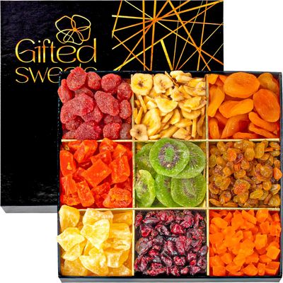 Dried Fruit Gift Basket - 9 Assortment - Gourmet Dried Fruit, Snack Box, In An Elegant Gift Box, Gift Set for Birthday, Anniversary, Sympathy, Healthy Gift Snack Box for Men and Women