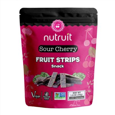 Nutruit Sour Cherry Fruit Strips - Plant Based Healthy Snacks - Gluten Free, Non-GMO, Vegan - High Fiber Dried Fruit Snacks with No Added Sugar &amp; Palm Oil - 1.1 oz Packs (20-Pack)