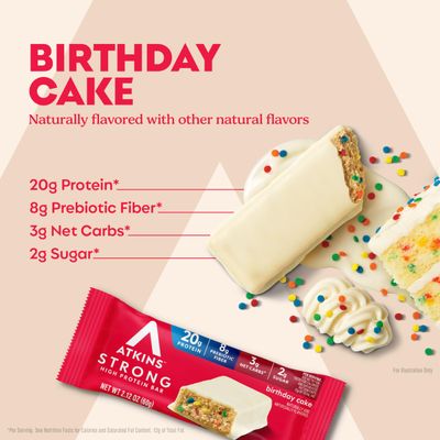 Atkins STRONG Protein Bars, Birthday Cake, High Fiber, Low Net Carbs, 4 Count (Pack of 6)