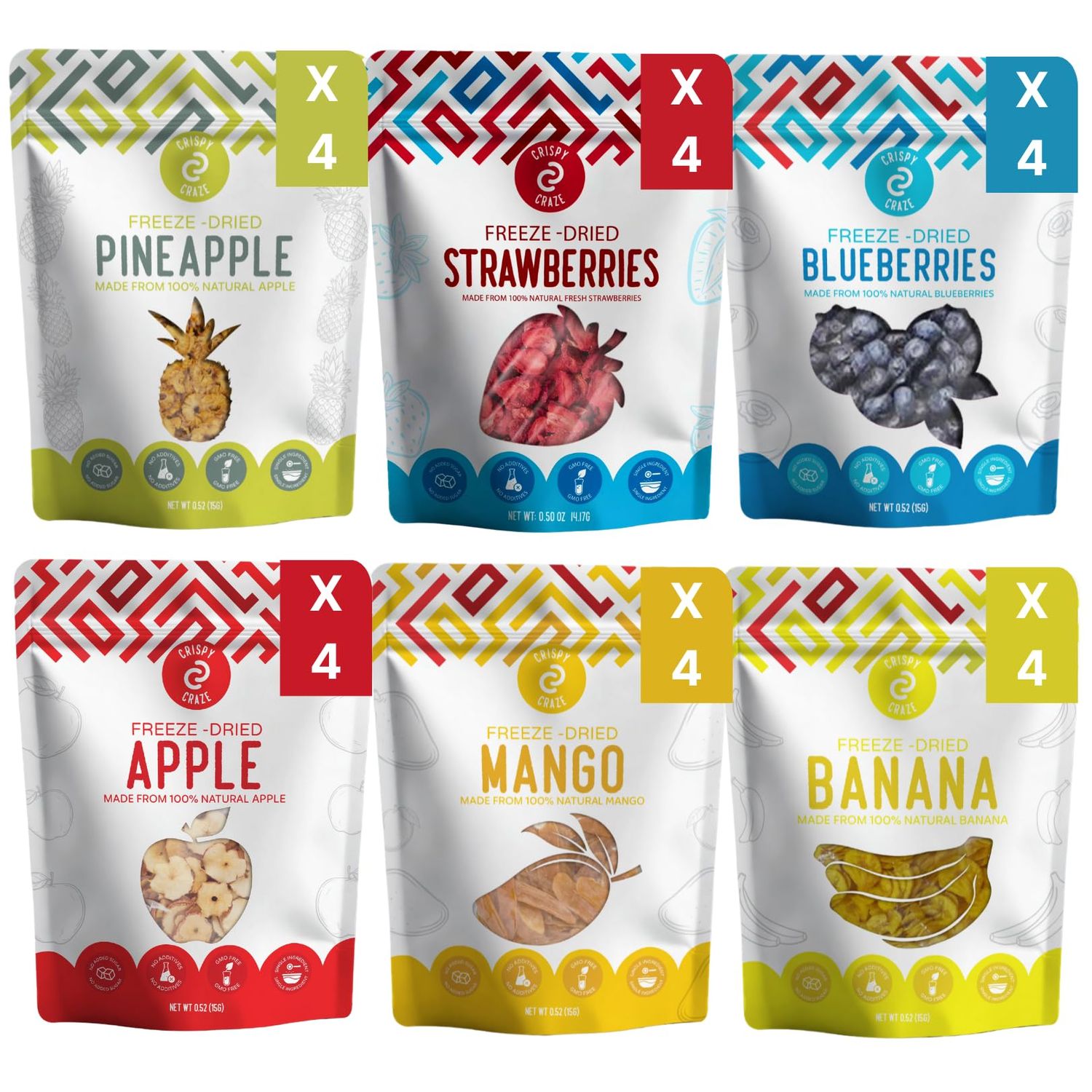 Crispy Craze Freeze Dried Fruit Variety Pack (24 Snack Sized Bags, 0.52 oz Each) Fruit Crisps, Non GMO, Healthy Snack, No Added Sugar &amp; Additives, 100% Natural, Allergen Free, School Safe